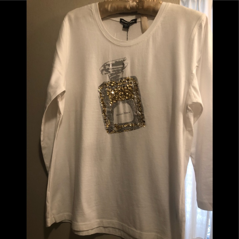 NWT Fabulous Michael Simon white Perfume bottle 3/4 sleeve Top